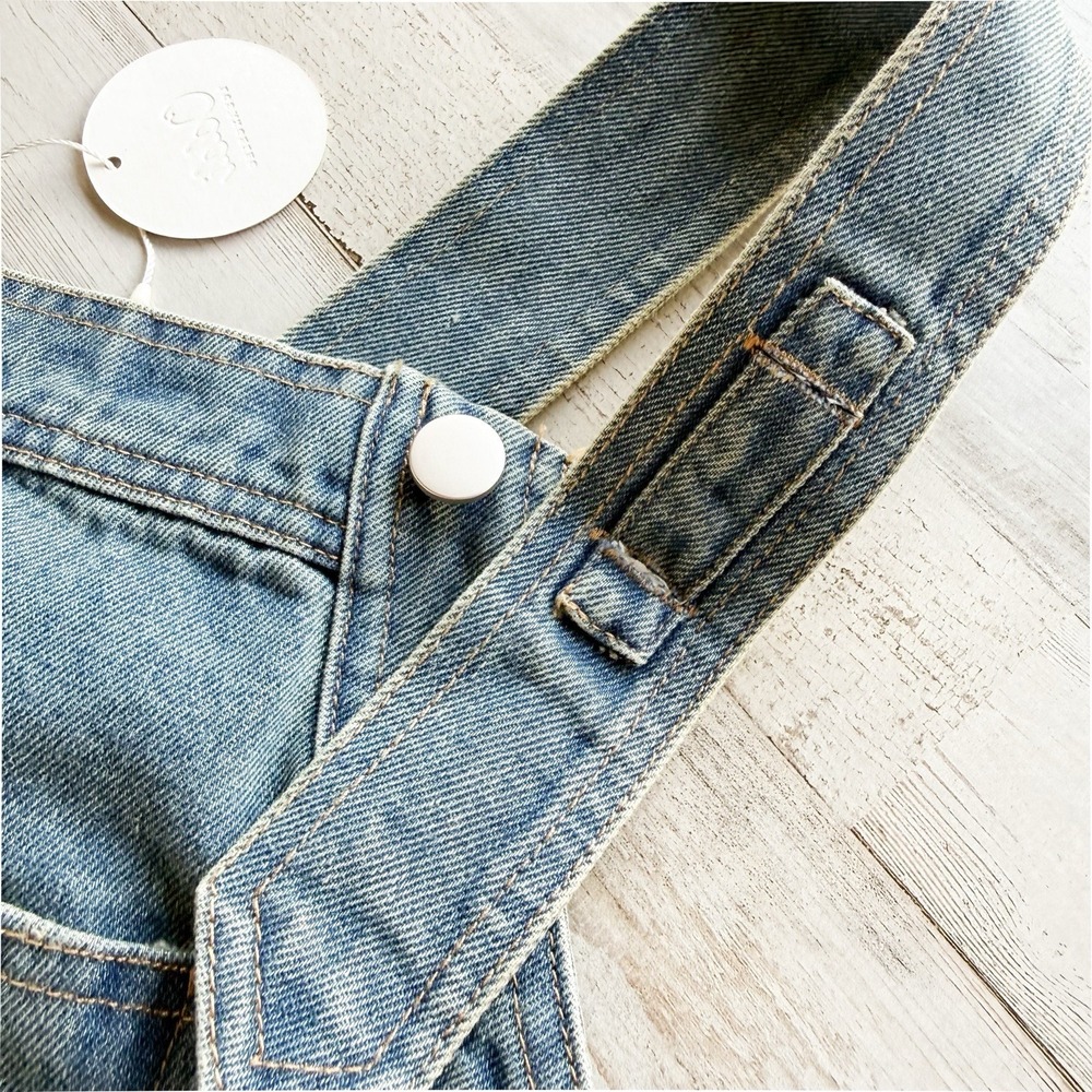 NWT Oddi Los Angeles Blue Denim Overall Dress Light Med Wash Mini Pinafore Sz S - Picture 7 of 13